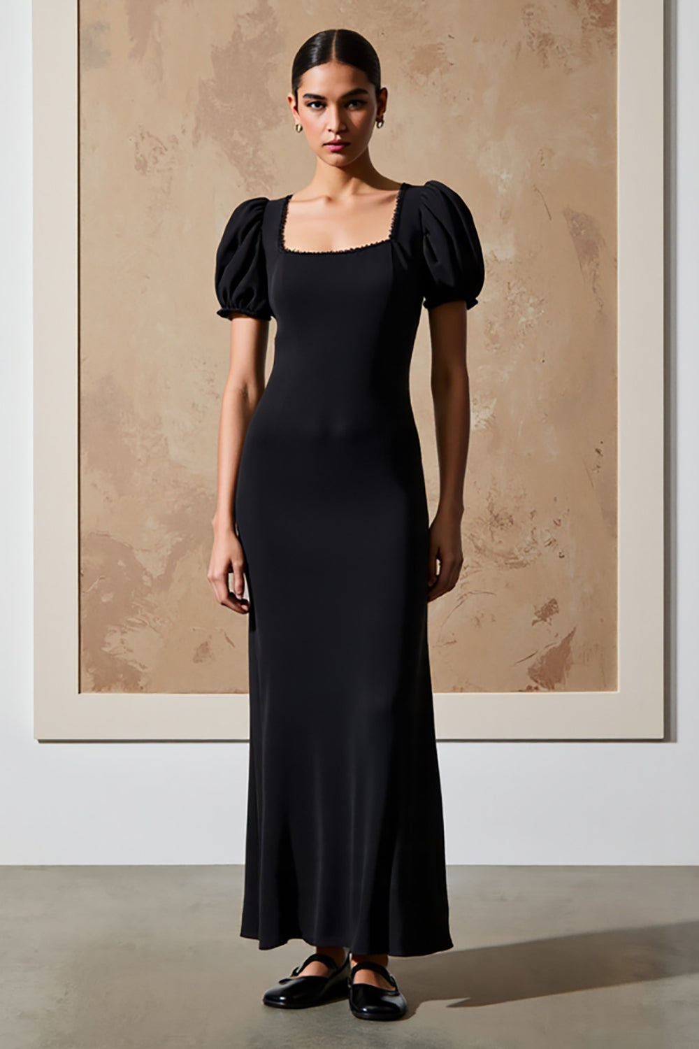 WEDTREND Women Black Sheath Long Formal Dress with Puff Sleeves Square Neck Simple Black Tie Dress Wedtrend UK WEDTREND Women Black Sheath Long Formal Dress with Puff Sleeves Square Neck Simple Black Tie Dress Wedtrend UK