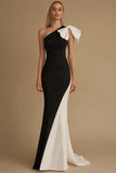 One Shoulder Black Mermaid Long Evening Dress With Bow