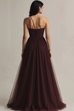 Burgundy A Line One Shoulder Long Evening Dress