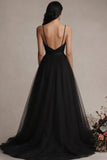 Black A Line V Neck Long Evening Dress With Slit