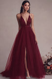 Black A Line V Neck Long Evening Dress With Slit
