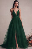 Black A Line V Neck Long Evening Dress With Slit