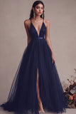 Black A Line V Neck Long Evening Dress With Slit