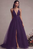 Black A Line V Neck Long Evening Dress With Slit