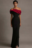 Black and Pink Off the Shoulder Ruched Sheath Long Evening Dress