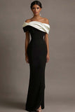 Black and Pink Off the Shoulder Ruched Sheath Long Evening Dress
