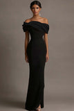 Black and Pink Off the Shoulder Ruched Sheath Long Evening Dress
