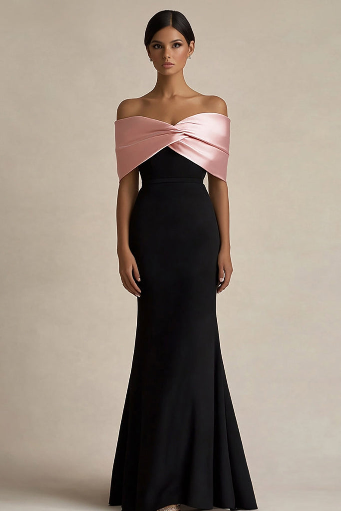 WEDTREND Women Black and Pink Long Evening Dress Satin Sheath Off the