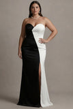 Black and White Colorblock Sweetheart Plus Size Long Evening Dress With Slit