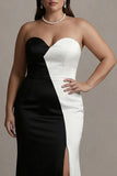 Black and White Colorblock Sweetheart Plus Size Long Evening Dress With Slit
