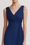 Black V Neck Sheath Ruched Evening Dress