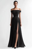 Black A Line Off The Shoulder Evening Dress with Slit