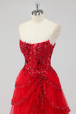 Sparkly Lavender A Line Strapless Sequins Corset Tiered Prom Dress with Slit