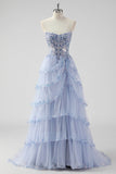 Sparkly Lavender A Line Strapless Sequins Corset Tiered Prom Dress with Slit