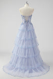 Sparkly Lavender A Line Strapless Sequins Corset Tiered Prom Dress with Slit