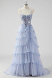 Sparkly Lavender A Line Strapless Sequins Corset Tiered Prom Dress with Slit