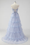 Sparkly Lavender A Line Strapless Sequins Corset Tiered Prom Dress with Slit