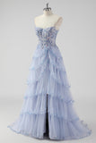 Sparkly Lavender A Line Strapless Sequins Corset Tiered Prom Dress with Slit