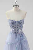 Sparkly Lavender A Line Strapless Sequins Corset Tiered Prom Dress with Slit