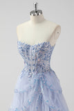 Sparkly Lavender A Line Strapless Sequins Corset Tiered Prom Dress with Slit