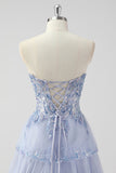 Sparkly Lavender A Line Strapless Sequins Corset Tiered Prom Dress with Slit