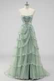 Sparkly Lavender A Line Strapless Sequins Corset Tiered Prom Dress with Slit