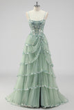 Sparkly Lavender A Line Strapless Sequins Corset Tiered Prom Dress with Slit