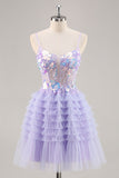 Sparkly Purple A Line Corset Tulle Tiered Short Prom Dress