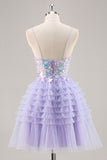 Sparkly Purple A Line Corset Tulle Tiered Short Prom Dress
