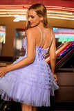 Sparkly Purple A Line Corset Tulle Tiered Short Prom Dress