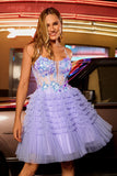 Sparkly Purple A Line Corset Tulle Tiered Short Prom Dress