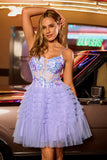 Sparkly Purple A Line Corset Tulle Tiered Short Prom Dress