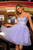 Sparkly Purple A Line Corset Tulle Tiered Short Prom Dress