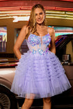 Sparkly Purple A Line Corset Tulle Tiered Short Prom Dress
