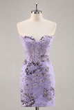 Purple Strapless Beaded Corset Short Prom Dress with Appliques