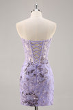 Purple Strapless Beaded Corset Short Prom Dress with Appliques