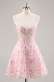 Corset Strapless A Line Pink Floral Short Prom Dress with Appliques