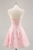 Corset Strapless A Line Pink Floral Short Prom Dress with Appliques