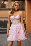 Corset Strapless A Line Pink Floral Short Prom Dress with Appliques