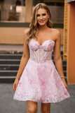 Corset Strapless A Line Pink Floral Short Prom Dress with Appliques