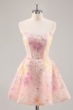 Sparkly Strapless Corset Sequins Pink Short Prom Dress with Appliques