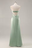 Sage Green Sheath Strapless Satin Pleated Floor Length Bridesmaid Dress with Slit