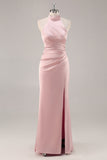Sage Green Sheath Satin High Neck Backless Long Bridesmaid Dress with Side Slit