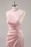 Sage Green Sheath Satin Ruched Backless Long Bridesmaid Dress with Slit