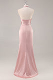 Sage Green Sheath Satin High Neck Backless Long Bridesmaid Dress with Side Slit