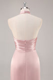 Blush Sheath Halter Satin Pleated Open Back Long Bridesmaid Dress with Slit