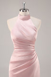 Sage Green Sheath Satin Ruched Backless Long Bridesmaid Dress with Slit