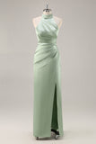 Sage Green Sheath Satin High Neck Backless Long Bridesmaid Dress with Side Slit