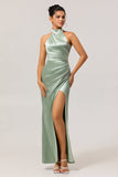 Sage Green Sheath Satin High Neck Backless Long Bridesmaid Dress with Side Slit