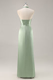 Sage Green Sheath Satin High Neck Backless Long Bridesmaid Dress with Side Slit
